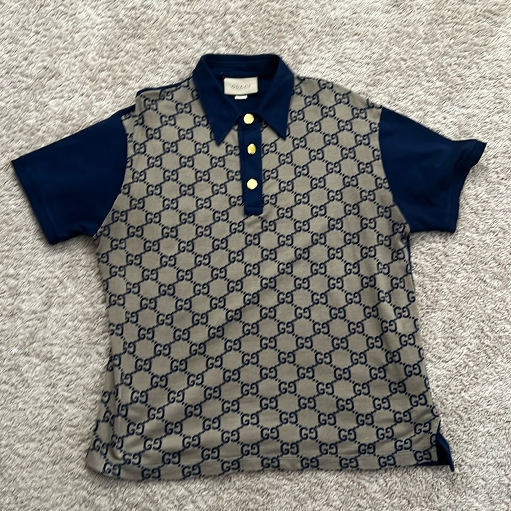 Gucci Blue and Beige Patterned Polo Shirt